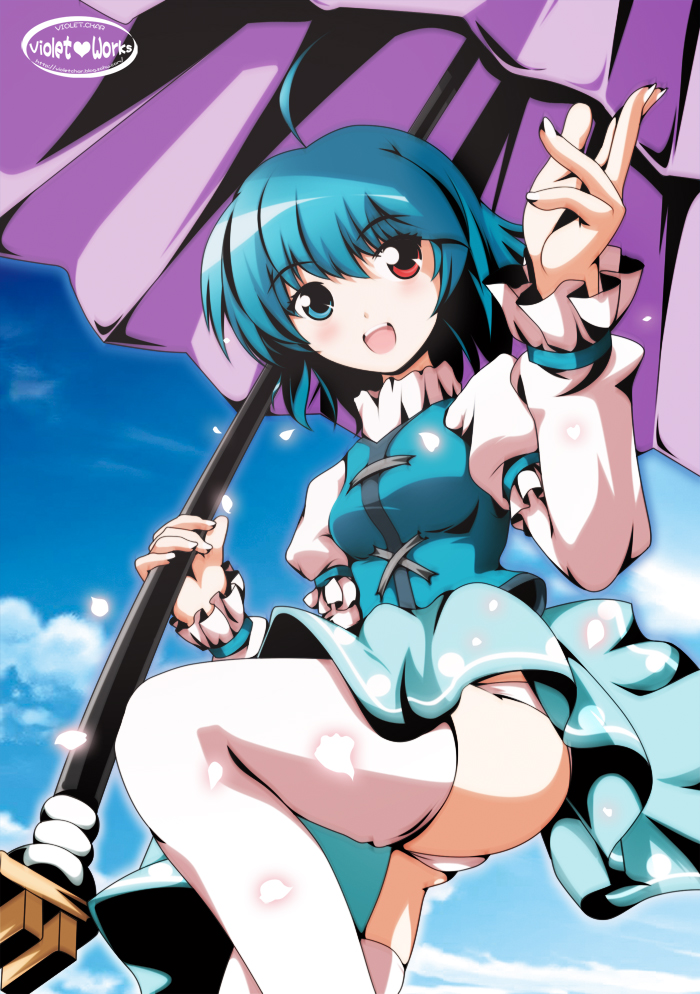 murasaki natsu, zixia (msl), tatara kogasa, touhou, 1girl, blue eyes, blue hair, female focus, geta, heterochromia, karakasa obake, matching hair/eyes, oil-paper umbrella, panties, pantyshot, red eyes, short hair, solo, thighhighs, umbrella, underwear