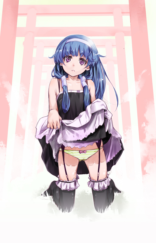 yuugen, nagi, kannagi, bad id, bad pixiv id, 00s, 1girl, blue hair, blunt bangs, bow, bow panties, clothes lift, dress, dress lift, female focus, garter belt, garter straps, hair tubes, hairband, kneeling, long hair, multiple torii, panties, purple eyes, solo, striped clothes, striped panties, temple, thighhighs, torii, underwear
