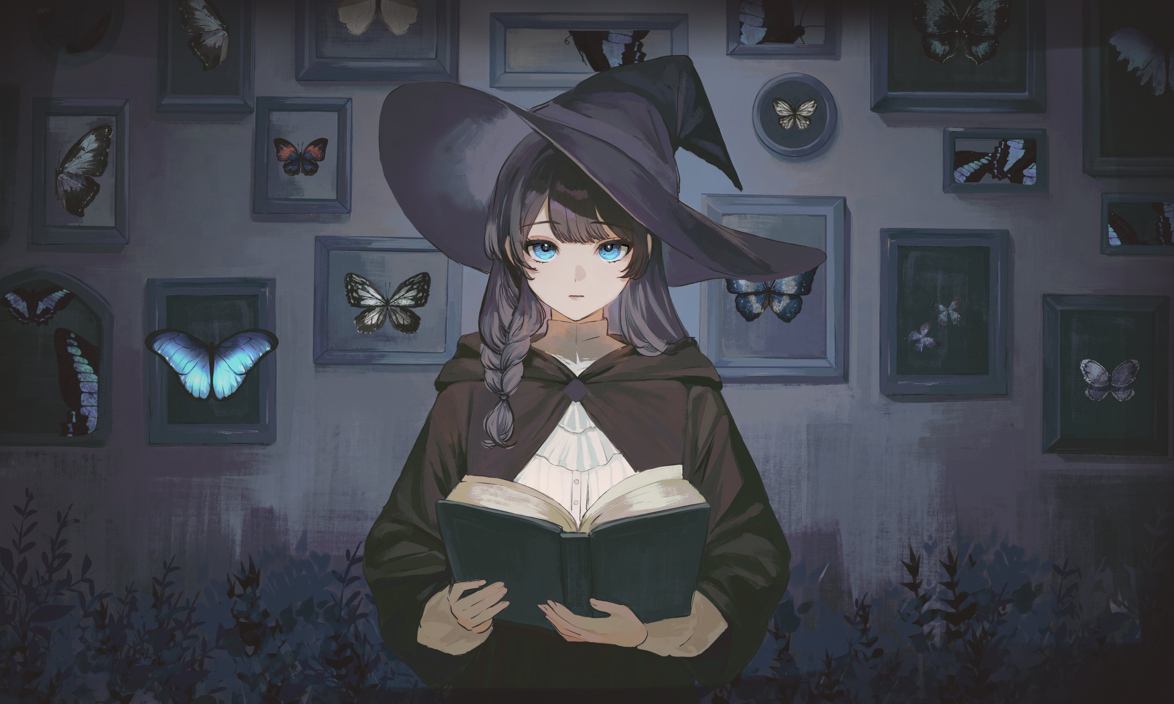 sak orz, original, absurdres, highres, 1girl, black cloak, black hair, black hat, blue eyes, book, bug, butterfly, cloak, closed mouth, expressionless, frilled shirt, frills, hat, holding, holding book, insect, long hair, long sleeves, looking at viewer, open book, parted bangs, picture frame, shirt, solo, straight-on, swept bangs, taxidermy, upper body, white shirt, witch hat