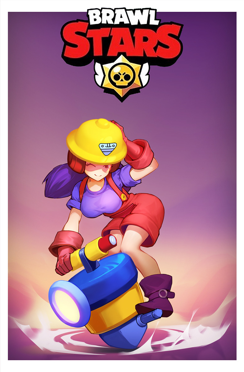 qc pan, jacky (brawl stars), brawl stars, highres, 1girl, adjusting clothes, adjusting headwear, boots, breasts, gloves, goggles, hard hat, hat, helmet, jackhammer, large breasts, one eye closed, overalls, purple boots, purple hair, purple shirt, red gloves, red overalls, red shorts, shirt, short sleeves, shorts, smile, solo, twintails, yellow hat