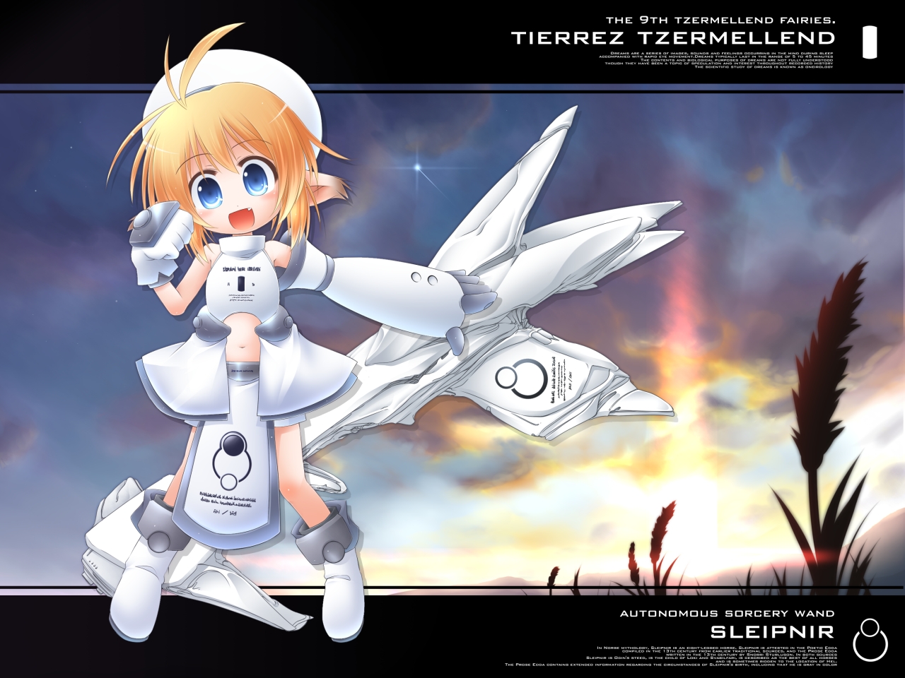 kso, original, 1girl, ahoge, bare shoulders, blonde hair, blue eyes, boots, child, cloud, english text, fairy, fang, female focus, gloves, hat, midriff, navel, pointy ears, short hair, sky, smile, solo, sunset