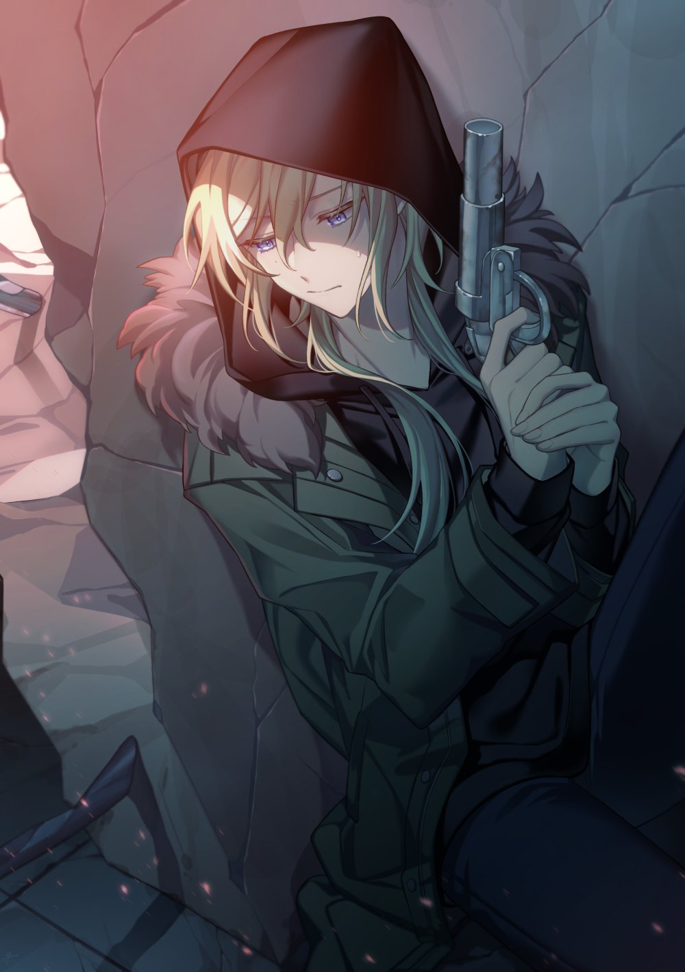 original, highres, 1other, androgynous, black hoodie, blonde hair, fur-trimmed jacket, fur trim, green jacket, gun, handgun, holding, holding gun, holding weapon, hood, hood up, hoodie, jacket, long hair, long sleeves, partially shaded face, sweatdrop, thx 39, weapon, yellow eyes