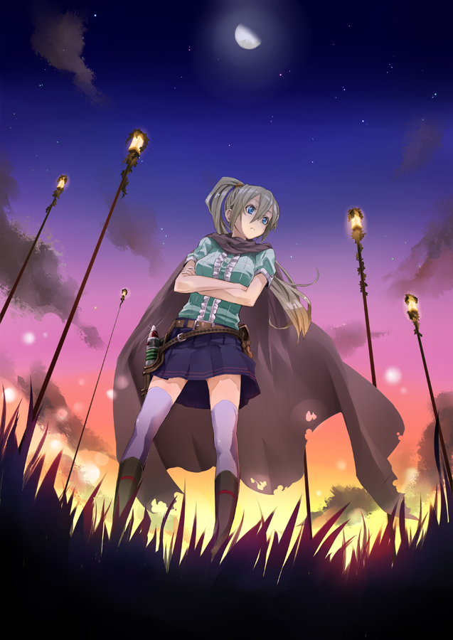 yuugen, original, bad id, bad pixiv id, 1girl, belt, blonde hair, blue eyes, boots, cape, crossed arms, female focus, frills, from below, grass, knee boots, lamppost, long hair, miniskirt, moon, night, night sky, outdoors, pleated skirt, ponytail, skirt, sky, solo, standing, star (sky), starry sky, sunset, thighhighs, zettai ryouiki