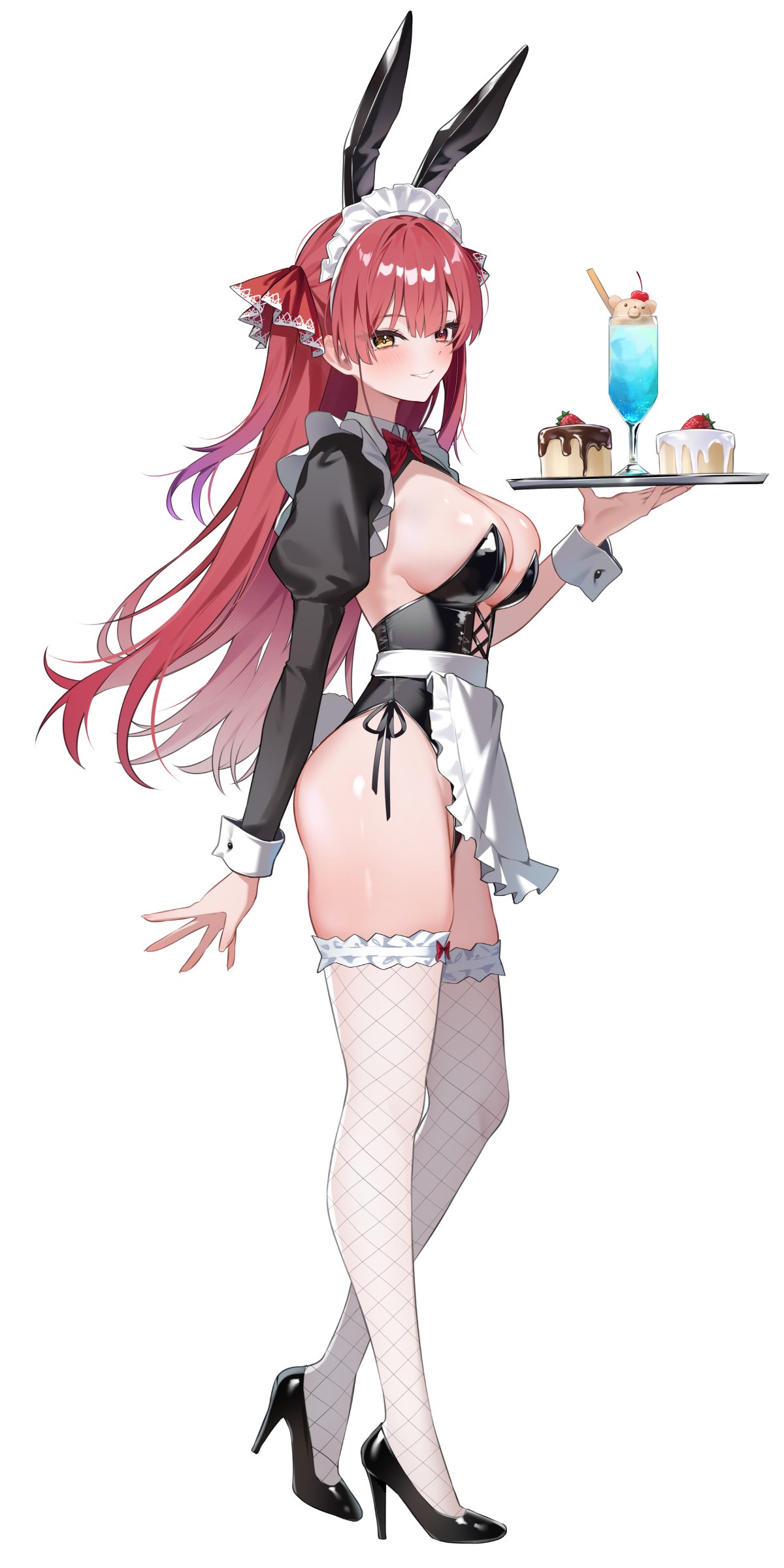 shuvi (shuvi1125), houshou marine, hololive, absurdres, hashtag-only commentary, highres, 1girl, alternate costume, animal ears, apron, arm at side, black leotard, black shirt, black shrug, blush, breasts, cake, cherry, chocolate syrup, closed mouth, fake animal ears, fishnet thighhighs, fishnets, floating hair, food, frilled apron, frilled sleeves, frilled thighhighs, frills, from side, fruit, full body, glass, hand up, high heels, holding, holding tray, large breasts, leotard, long hair, long sleeves, looking at viewer, looking to the side, maid, maid headdress, orange eyes, parted lips, playboy bunny, rabbit ears, red hair, shirt, shrug (clothing), simple background, single sleeve, smile, solo, standing, strapless, strapless leotard, strawberry, thighhighs, tray, unconventional maid, very long hair, virtual youtuber, waist apron, white apron, white background, white thighhighs, white wrist cuffs, wrist cuffs