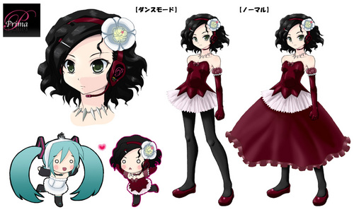 mameshiba (pixiv 59310), hachune miku, hatsune miku, prima, primina, vocaloid, bad id, bad piapro id, lowres, 2girls, aqua hair, black hair, chibi, curly hair, dancing, dress, flower, green eyes, headphones, laughing, legs, long hair, multiple girls, pantyhose, reference sheet, tattoo, twintails