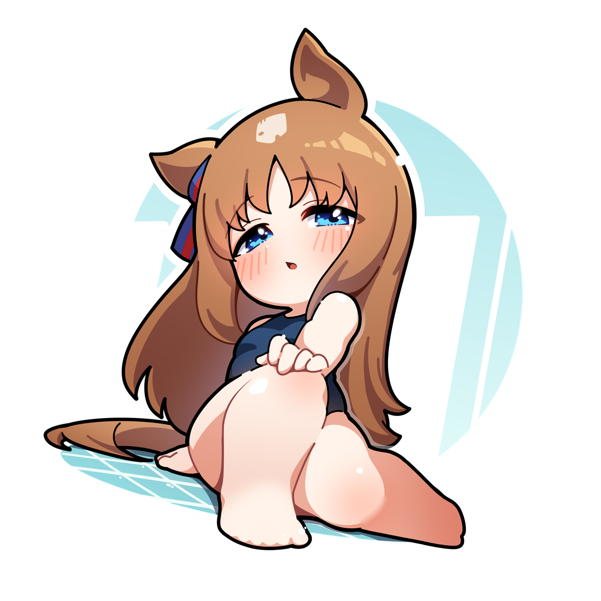 warashi, grass wonder (umamusume), umamusume, commentary, highres, 1girl, animal ears, barefoot, blue eyes, blue one-piece swimsuit, blush, brown hair, chibi, chibi only, full body, horse ears, horse girl, horse tail, long hair, one-piece swimsuit, open mouth, sitting, solo, swimsuit, tail