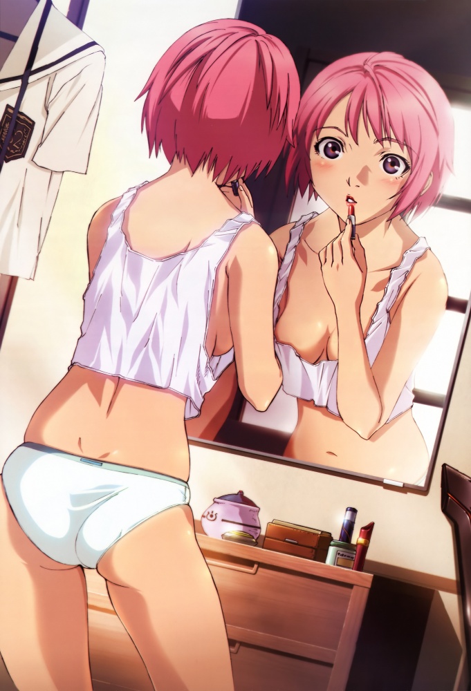 houjou kuniko, nyantype, shangri-la, official art, 00s, 1girl, applying makeup, applying own makeup, ass, back, blush, breasts, cleavage, crop top, female focus, from behind, holding, lingerie, lipstick, makeup, mirror, panties, pink hair, purple eyes, reflection, school uniform, short hair, skindentation, solo, tank top, underwear, underwear only, white panties