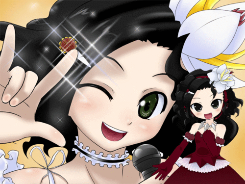 mameshiba (pixiv 59310), prima, primina, macross, macross frontier, vocaloid, animated, animated gif, lowres, > <, 1girl, angry, black hair, blush, chibi, closed eyes, curly hair, dress, flower, gloves, green eyes, lipsync model, m/, music, parody, seikan hikou, singing