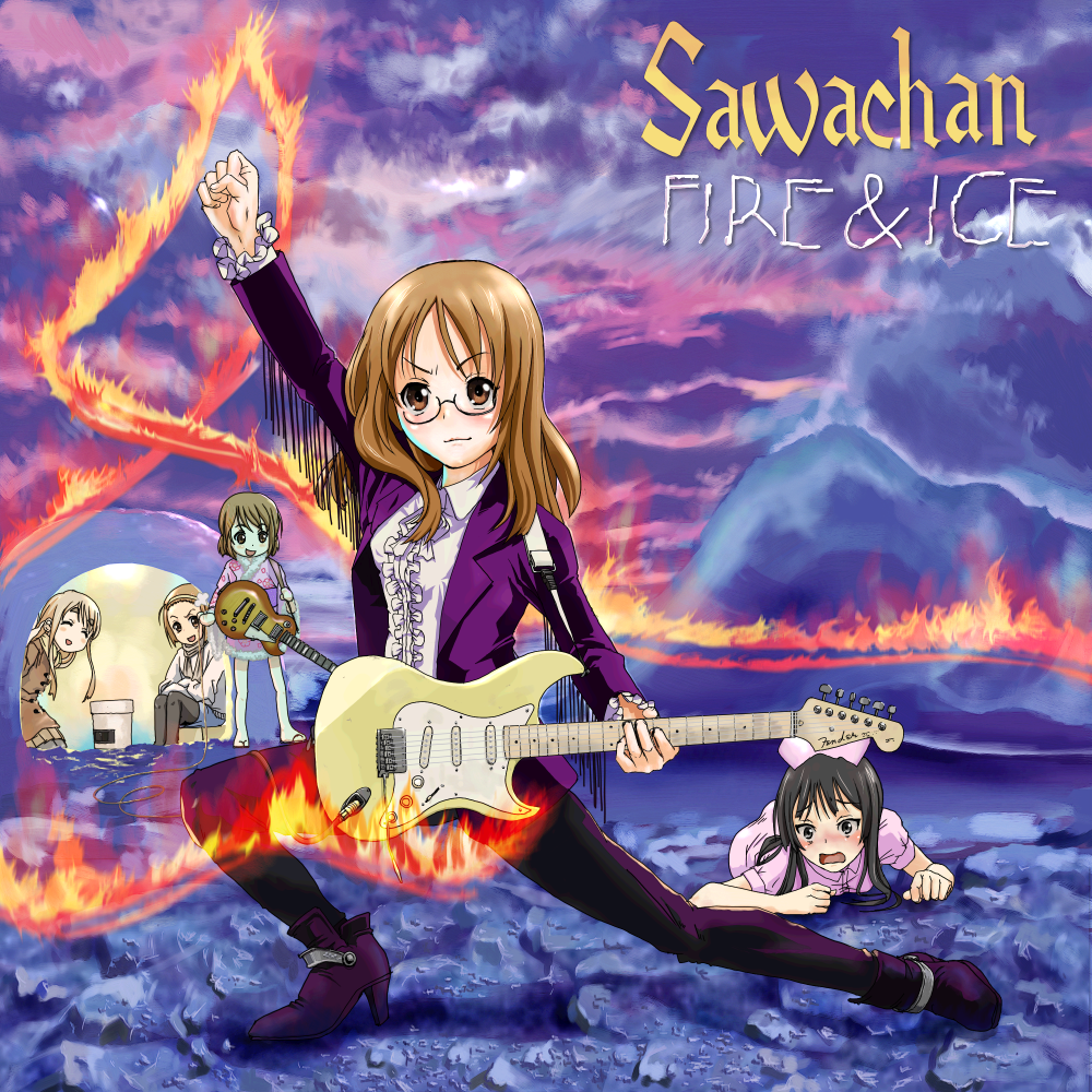 amon (mulciber), akiyama mio, hirasawa yui, kotobuki tsumugi, tainaka ritsu, yamanaka sawako, yngwie malmsteen, heavy metal, k-on!, 5girls, album cover, black hair, blazer, blonde hair, blush, boots, brown hair, cosplay, cover, electric guitar, fire, formal clothes, frills, fringe trim, gibson les paul, glasses, guitar, hairband, ho-kago tea time, igloo, instrument, jacket, long hair, multiple girls, nurse, pant suit, pants, pantyhose, parody, short hair, snow shelter, strat (guitar), suit, teacher, yngwie malmsteen (cosplay)
