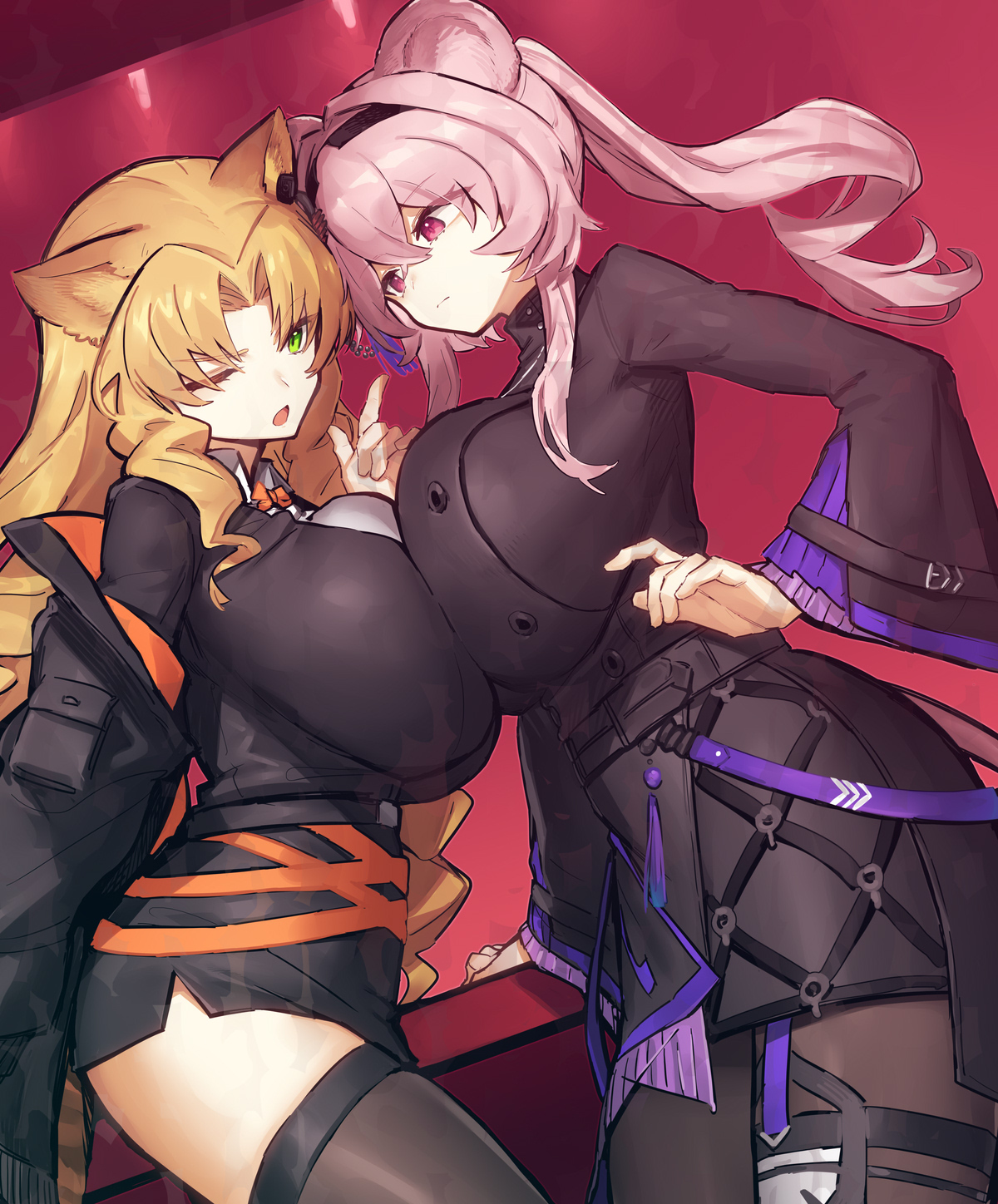 melon22, lin (arknights), swire (arknights), arknights, commentary, highres, symbol-only commentary, 2girls, alternate breast size (larger), animal ears, black jacket, black pantyhose, black thighhighs, blonde hair, breast press, breasts, cat ears, cat girl, green eyes, huge breasts, jacket, looking at viewer, mouse ears, mouse girl, multiple girls, one eye closed, open clothes, open jacket, pantyhose, pink eyes, pink hair, thighhighs
