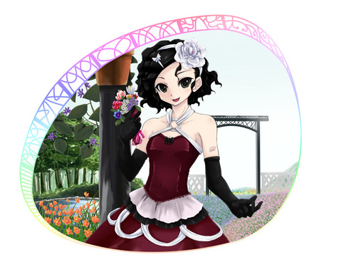 mameshiba (pixiv 59310), prima, primina, vocaloid, lowres, 1girl, black hair, brown eyes, curly hair, dress, female focus, flower, hair ornament, hairpin, laughing, solo, tattoo