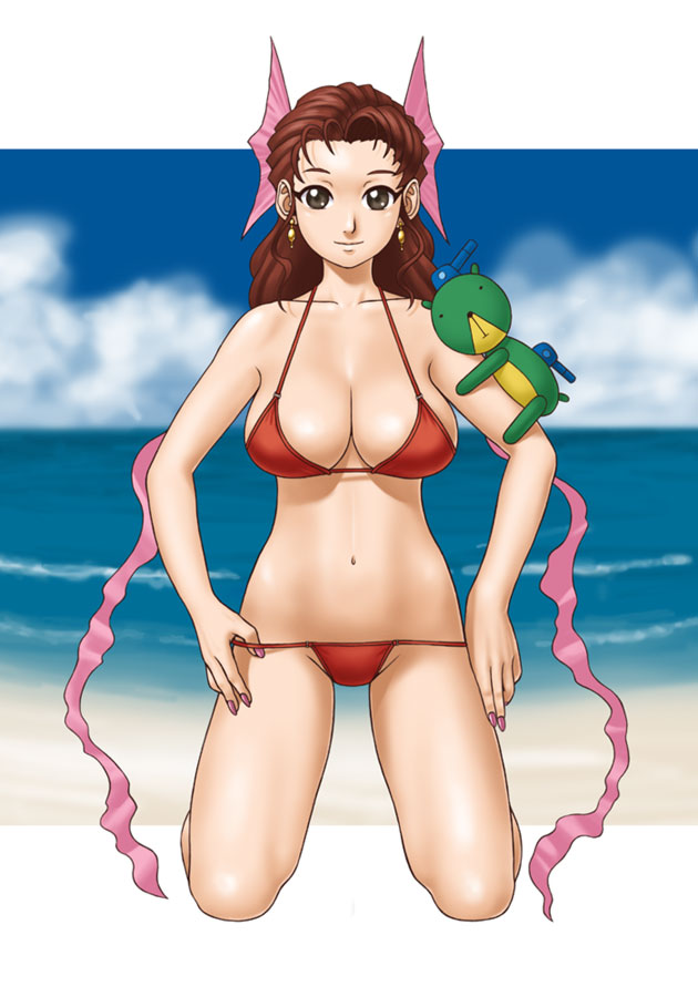 greendragon, shun (greendragon), beartank, carmilla, castlevania: circle of the moon, castlevania (series), rakuga kids, bad id, bad pixiv id, 1girl, bear, bikini, breasts, brown eyes, brown hair, cleavage, cloud, day, earrings, female focus, hair ribbon, jewelry, kneeling, large breasts, long hair, navel, ocean, rakugakids, red bikini, ribbon, sky, solo, swimsuit