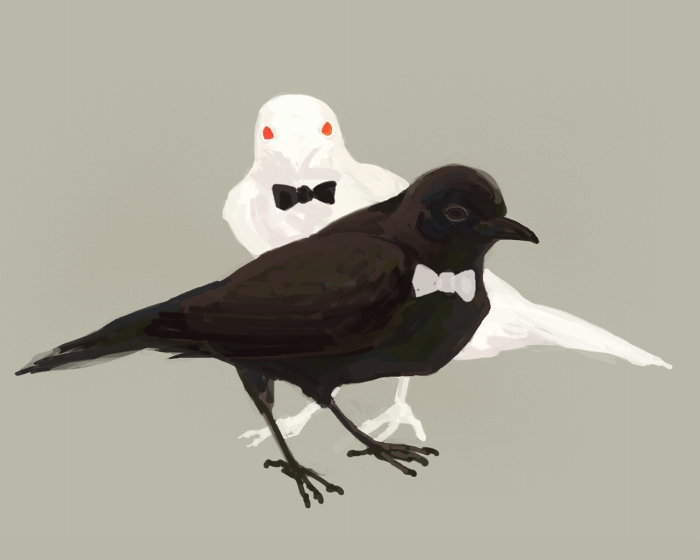 nagabe, original, commentary request, albino, animal, bird, black bow, black bowtie, bow, bowtie, crow, full body, green background, no humans, simple background, standing, white bow, white bowtie