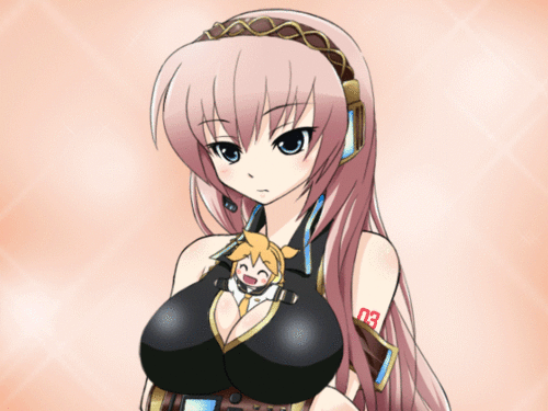 mameshiba (pixiv 59310), kagamine len, megurine luka, vocaloid, animated, animated gif, lowres, 00s, 1boy, 1girl, aqua eyes, aqua hair, between breasts, blush, bouncing breasts, breasts, chibi, cleavage, completely unamused, giant, giantess, happy, headphones, large breasts, laughing, long hair, mini person, miniboy, person between breasts, pink hair, sleeveless, sparkle, tattoo, twintails, unamused, upper body