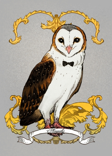 nagabe, original, commentary request, animal, barn owl, bird, black bow, black bowtie, bow, bowtie, full body, grey background, looking at viewer, no humans, owl, standing