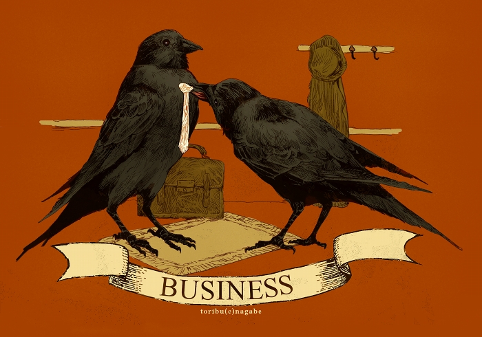 nagabe, original, commentary request, animal, bird, briefcase, coat rack, crow, dressing another, english text, full body, necktie, no humans, red background, tying necktie