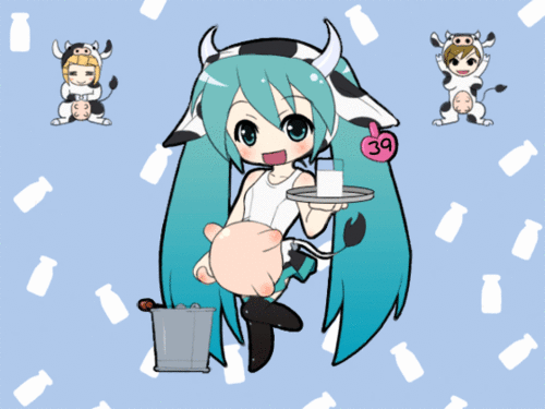 mameshiba (pixiv 59310), hatsune miku, kagamine rin, meiko (vocaloid), vocaloid, animated, animated gif, lowres, 3girls, animal, animal costume, animal print, aqua eyes, aqua hair, blonde hair, blush, breast milk in container, breasts, brown hair, bucket, chibi, cow, cow costume, cow girl, cow print, cow tail, dancing, glass, hand milking, happy, horns, laughing, milk, multiple girls, skirt, smile, tail, thighhighs, twintails, udder