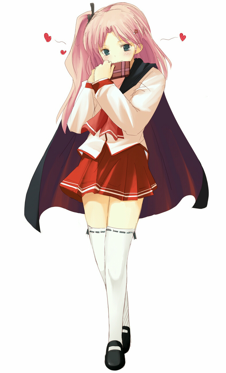 fujishiro touma, maaryan (to heart), to heart (series), to heart 2, bad id, bad pixiv id, highres, 00s, gift, green eyes, heart, pink hair, school uniform, serafuku, solo, thighhighs, valentine, zettai ryouiki