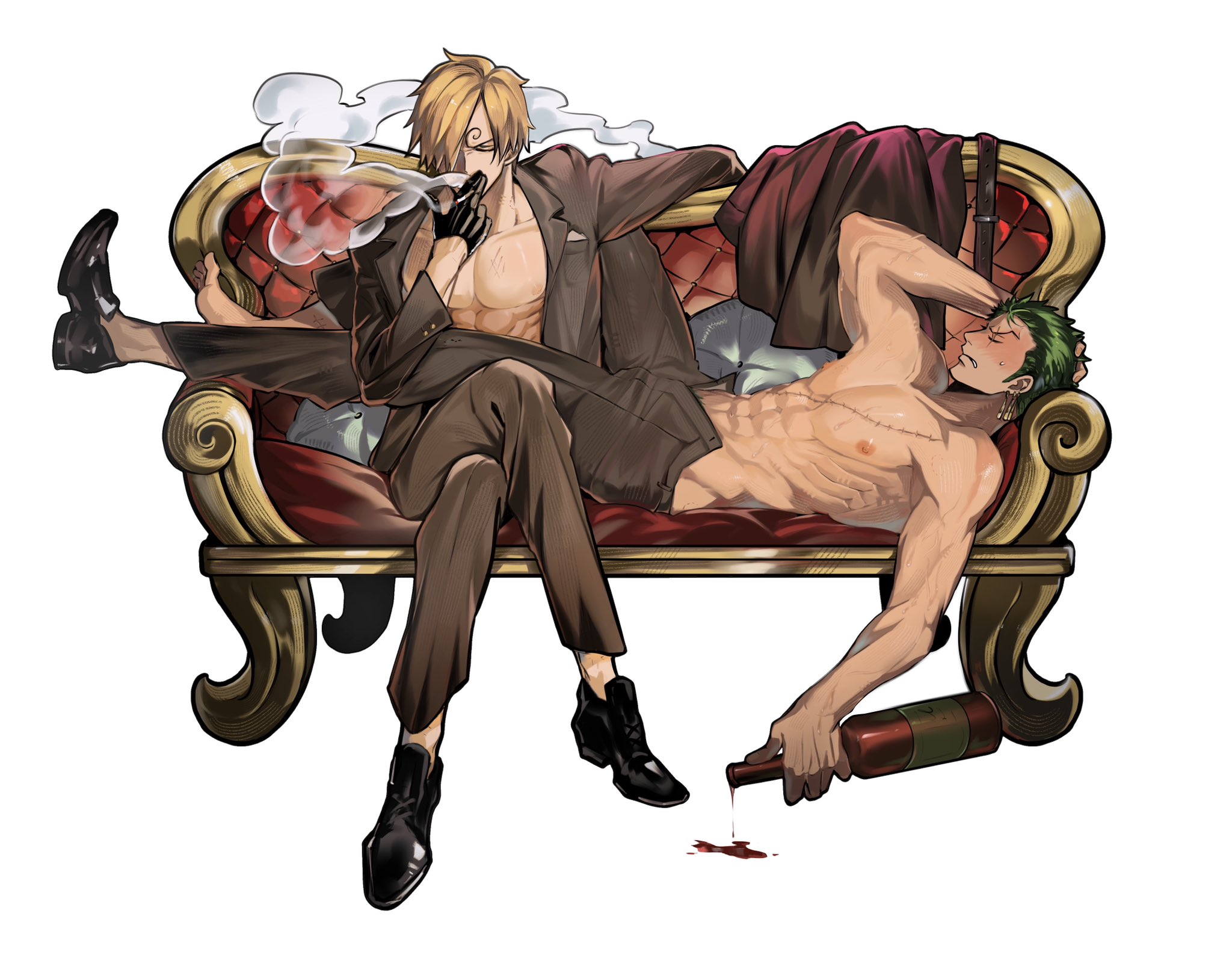 mrjieshisu, roronoa zoro, sanji (one piece), one piece, commentary request, highres, 2boys, bite mark, bite mark on neck, black gloves, black shoes, blonde hair, bottle, brown jacket, brown pants, cigarette, closed eyes, collarbone, crossed legs, curly eyebrows, gloves, green hair, hair over one eye, holding, holding bottle, holding cigarette, implied yaoi, jacket, lying, male focus, multiple boys, nipples, on back, open fly, pants, pectorals, pubic hair, pubic hair peek, shoes, short hair, shredded muscles, sitting, smoke, smoking