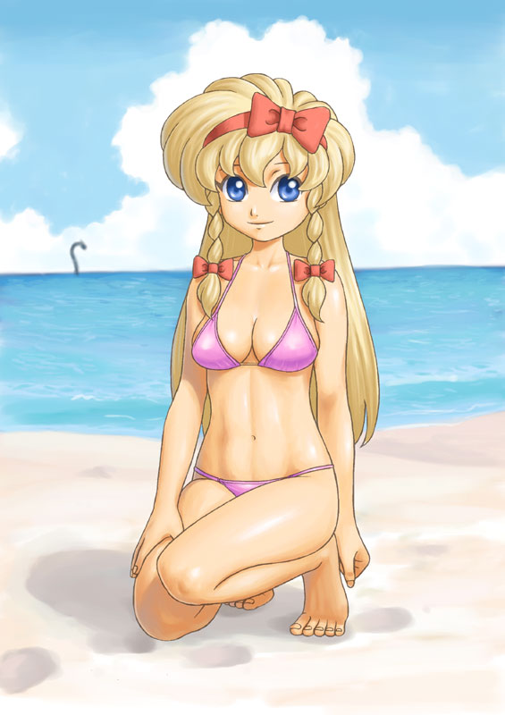 greendragon, shun (greendragon), maria renard, castlevania: rondo of blood, castlevania (series), bad id, bad pixiv id, 1girl, aged down, barefoot, bikini, blonde hair, blue eyes, bow, braid, breasts, cleavage, day, feet, female focus, hairband, kneeling, long hair, medium breasts, navel, ocean, sky, solo, swimsuit