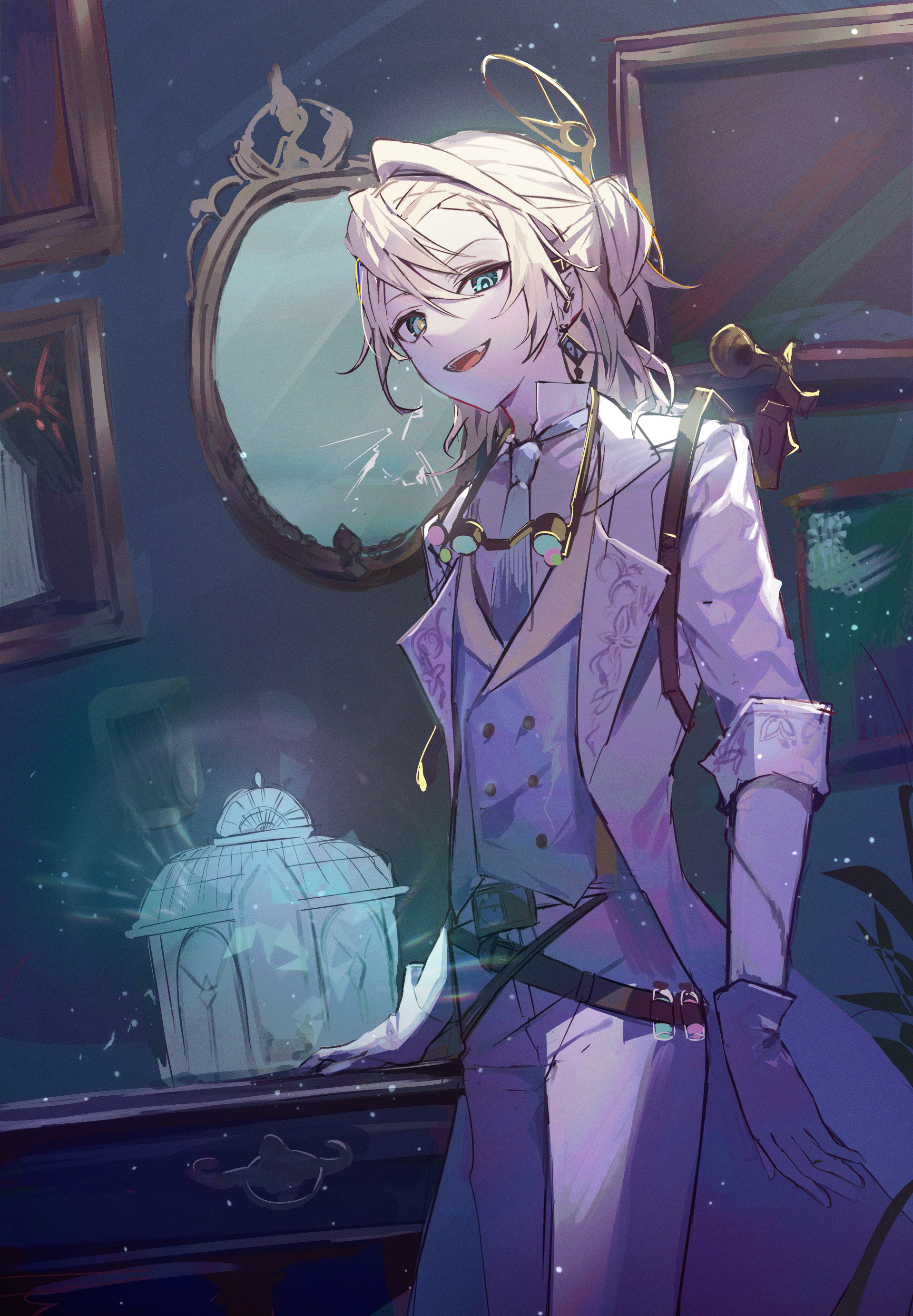 pba 471, luca balsa, luca balsa (paranormal detective), identity v, absurdres, highres, 1boy, blonde hair, blue eyes, blue necktie, blue vest, coat, cowboy shot, fang, gloves, goggles, goggles around neck, half updo, hand on table, lapels, looking at viewer, male focus, medium hair, mirror, mismatched pupils, necktie, pants, ponytail, popped collar, shirt, short ponytail, sleeves rolled up, smirk, solo, vest, vial, white coat, white gloves, white pants, white shirt, yellow pupils