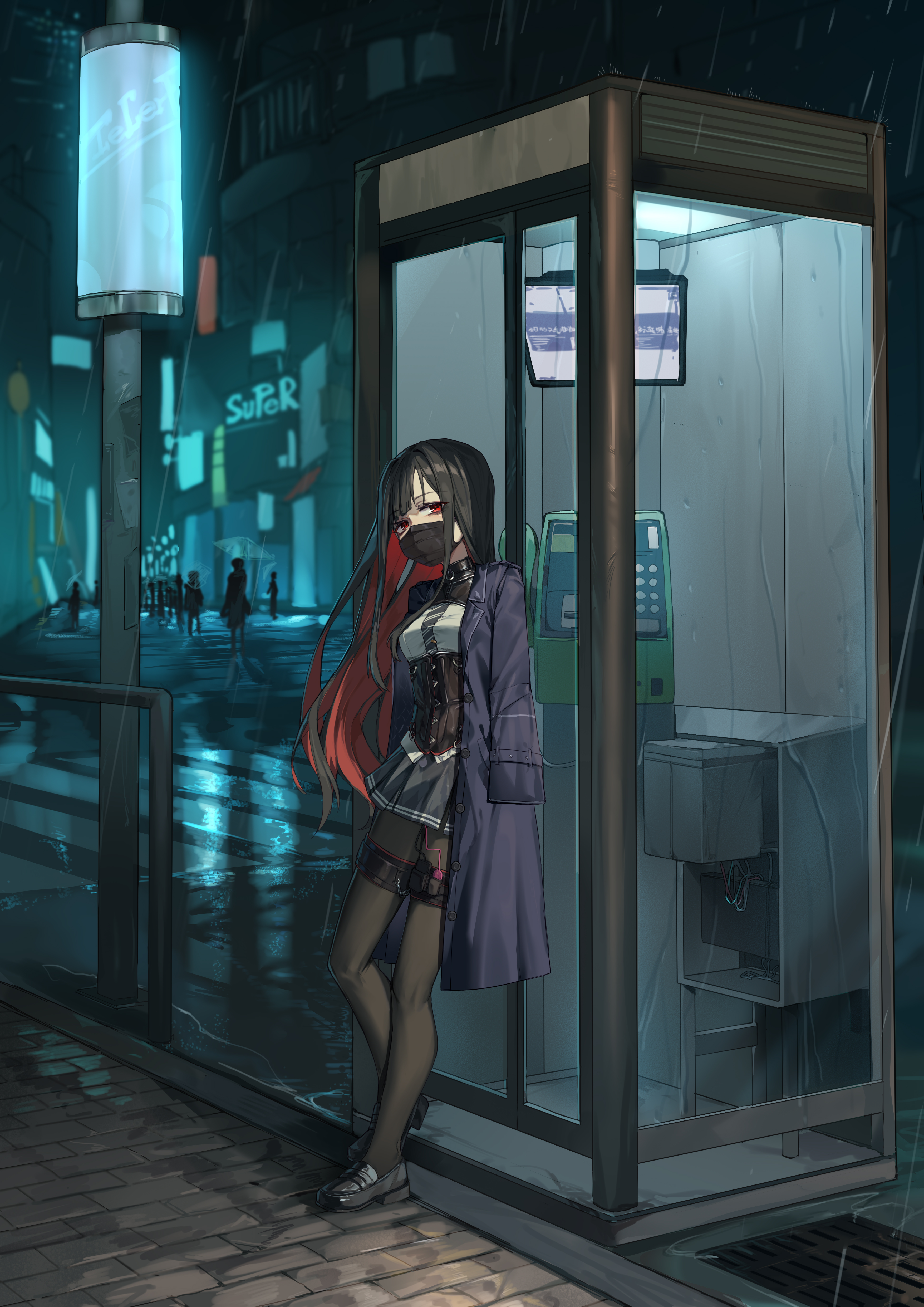 xiongmao, original, absurdres, highres, 1girl, bdsm, black corset, black hair, black pantyhose, blue necktie, bondage, bound, breasts, coat, corset, egg vibrator, latex shrug, long hair, looking at viewer, mask, mouth mask, necktie, outdoors, pantyhose, phone booth, rain, red eyes, restrained, sex toy, shirt, shoes, shrug (clothing), skindentation, small breasts, standing, stealth bondage, thigh strap, very long hair, vibrator, white shirt