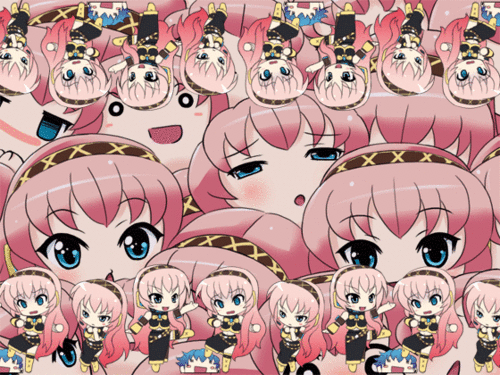 mameshiba (pixiv 59310), kaito (vocaloid), megurine luka, takoluka, vocaloid, animated, animated gif, lowres, 6+boys, 6+girls, blue hair, blush, chibi, dancing, headphones, laughing, multiple boys, multiple girls, parody, pink hair, yukkuri shiteitte ne
