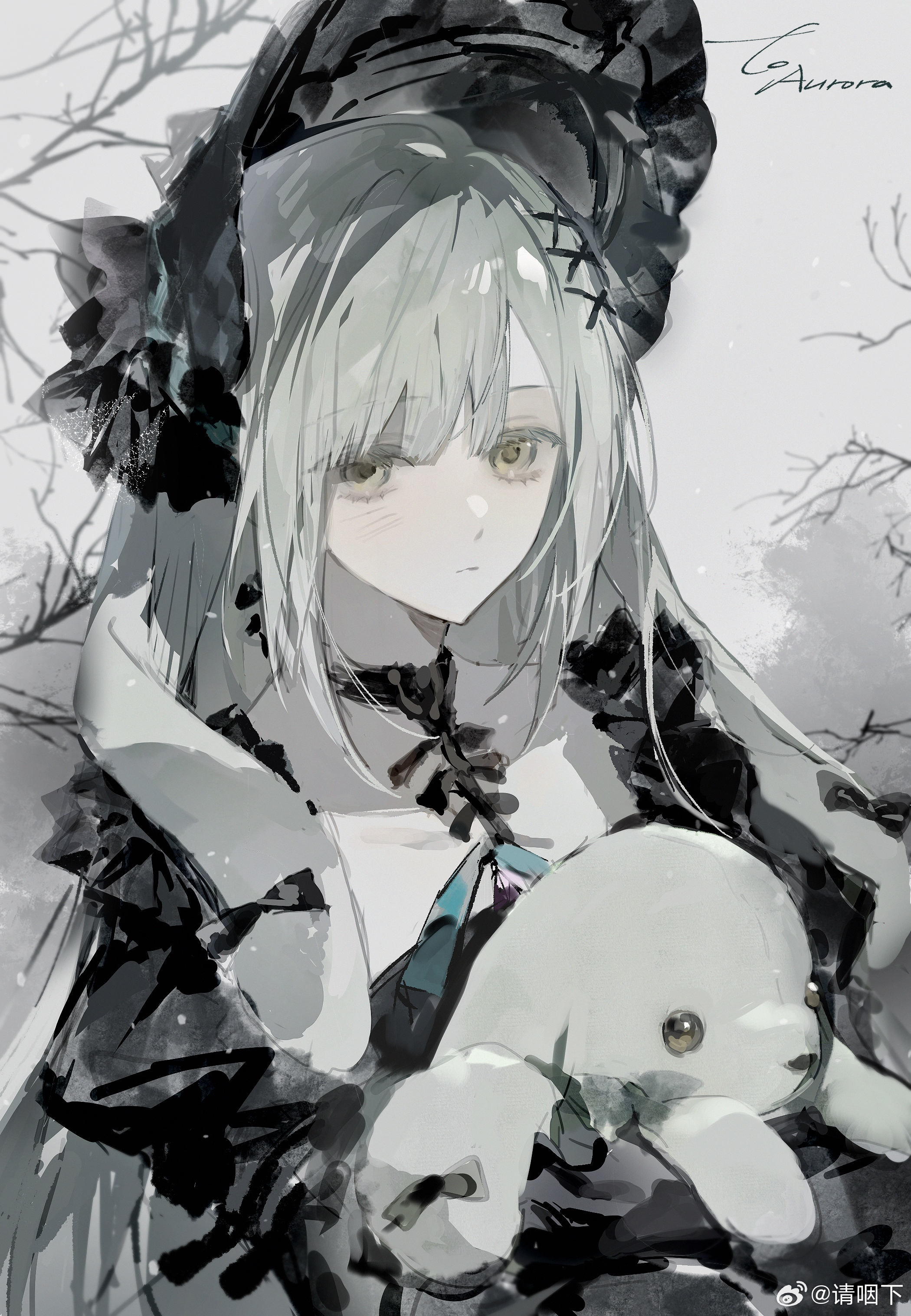 qing yan xia, wakaba mutsumi, wakaba mutsumi (marionette's id), arknights, bang dream!, bang dream! it's mygo!!!!!, absurdres, chinese commentary, commentary request, highres, 1girl, animal ears, bare tree, black bonnet, black bow, black choker, black dress, bonnet, bow, choker, closed mouth, dress, expressionless, floppy ears, frilled dress, frills, gothic lolita, green hair, hair ornament, holding, holding stuffed toy, juliet sleeves, lolita fashion, long hair, long sleeves, outdoors, puffy sleeves, rabbit ears, rabbit girl, solo, stuffed animal, stuffed rabbit, stuffed toy, tree, upper body, watermark, weibo watermark, x hair ornament, yellow eyes