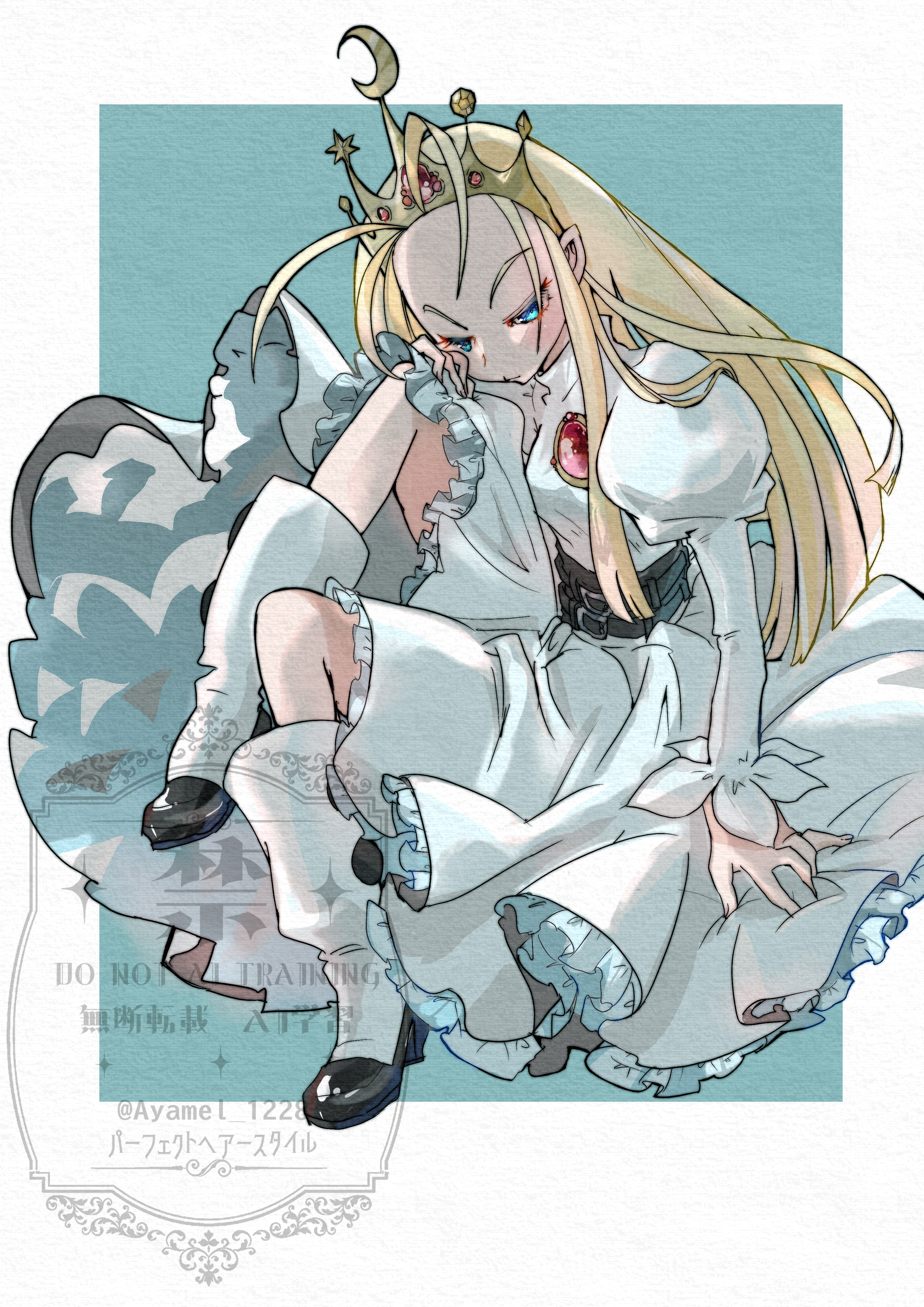 devilot de deathsatan ix, cyberbots, absurdres, artist request, highres, tagme, 1girl, belt around waist, blonde hair, blue eyes, crown, dress, forehead, gem, jeweled crown, princess, red gemstone, solo, white dress