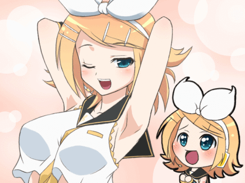 mameshiba (pixiv 59310), kagamine rin, vocaloid, alternate breast size, animated, animated gif, lowres, 1girl, aged up, aqua eyes, armpits, arms behind head, blonde hair, blush, bouncing breasts, bow, breasts, chibi, hair ornament, hairclip, headphones, imagining, large breasts, naughty face, one eye closed, ribbon, wink