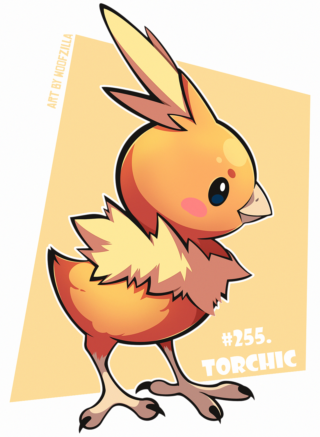 woofzilla, torchic, nintendo, pokemon, commentary, english commentary, highres, animal focus, artist name, blush stickers, border, bright pupils, character name, closed mouth, full body, gen 3 pokemon, no humans, pokedex number, pokemon (creature), solo, standing, white border, white pupils