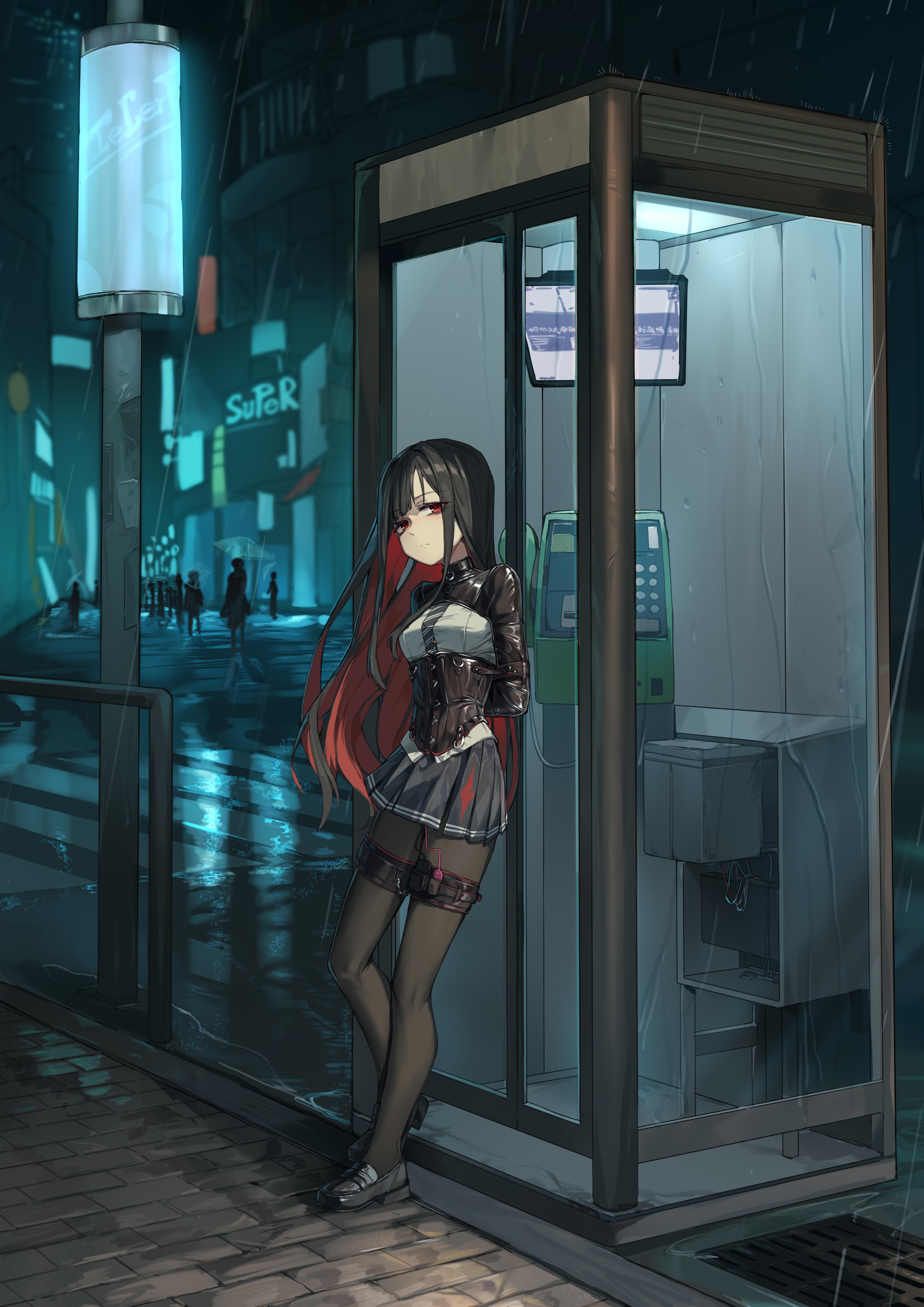 xiongmao, original, absurdres, highres, 1girl, armbinder, arms behind back, bdsm, black corset, black hair, black pantyhose, blue necktie, bondage, bound, breasts, corset, egg vibrator, latex shrug, long hair, looking at viewer, necktie, outdoors, pantyhose, phone booth, rain, red eyes, restrained, sex toy, shirt, shoes, shrug (clothing), skindentation, small breasts, standing, stealth bondage, thigh strap, very long hair, vibrator, white shirt