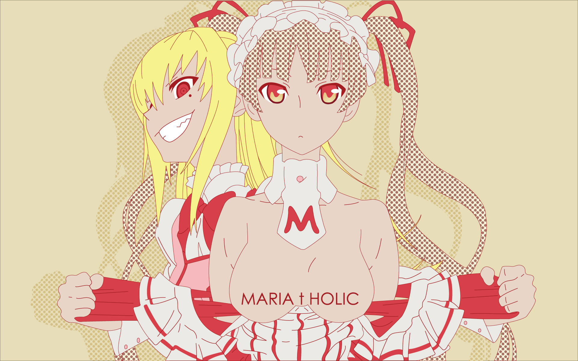 shidou mariya, shinouji matsurika, maria holic, derivative work, highres, vector trace, 00s, 2girls, assisted exposure, breasts, censored, censored by text, censored nipples, expressionless, medium breasts, mole, mole under eye, multiple girls, trap, twintails, undressing