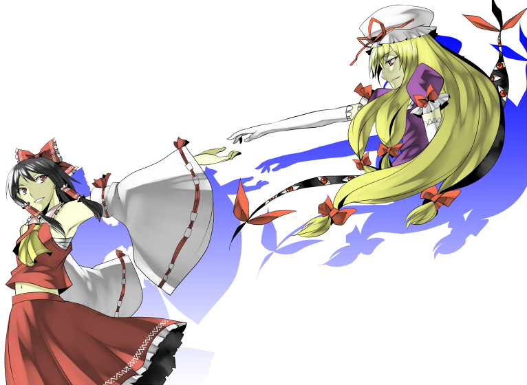 yosimura, hakurei reimu, yakumo yukari, touhou, bad id, bad pixiv id, 2girls, black hair, blonde hair, detached sleeves, elbow gloves, female focus, gap (touhou), gloves, hat, japanese clothes, long hair, miko, multiple girls, red eyes, sarashi, short hair