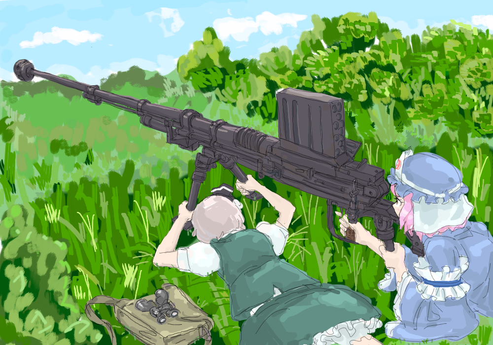 michael-x, konpaku youmu, saigyouji yuyuko, touhou, silver hair, 2girls, aiming, anti-materiel rifle, bag, binoculars, female focus, frills, grass, gun, hairband, hat, lingerie, lying, multiple girls, nature, outdoors, petticoat, pink hair, plant, rifle, short hair, skirt, sky, sniper rifle, underwear, weapon