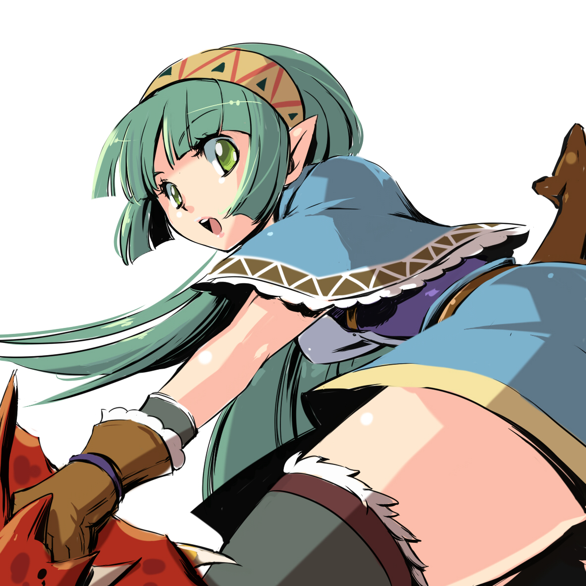 gin (oyoyo), pixiv fantasia, pixiv fantasia 3, bad id, bad pixiv id, 1girl, elf, female focus, gloves, green eyes, green hair, matching hair/eyes, pointy ears, solo, thighhighs
