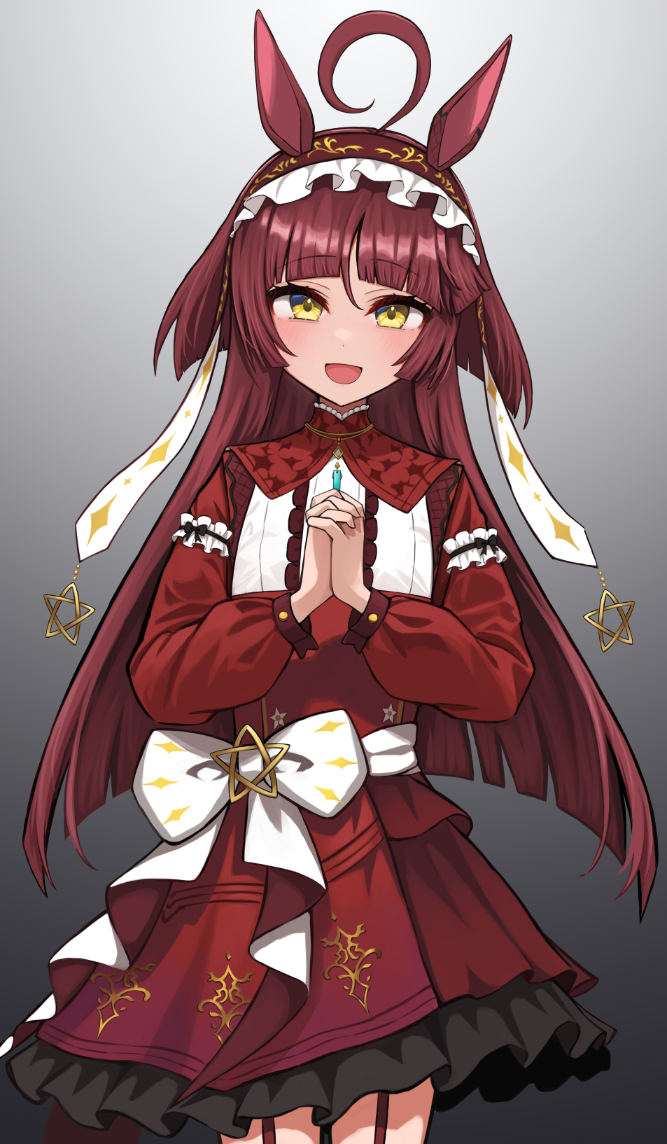 kuronosu (yamada1230), red desire (umamusume), umamusume, highres, 1girl, ahoge, blunt bangs, blush, breasts, hair between eyes, hair ornament, hairband, horse girl, jewelry, looking at viewer, necklace, own hands clasped, own hands together, red hair, ribbon, simple background, small breasts, solo, white background, yellow eyes