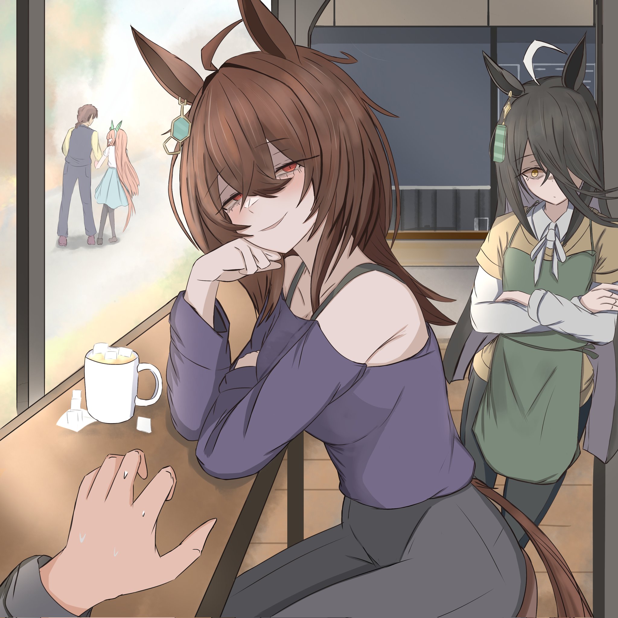 agnes tachyon (casual) (umamusume), agnes tachyon (umamusume), manhattan cafe (umamusume), silence suzuka (casual) (umamusume), silence suzuka (umamusume), trainer (umamusume), umamusume, highres, 1boy, 1other, 3girls, ahoge, animal ears, apron, bare shoulders, black hair, black pants, black pantyhose, black shoes, black vest, blue skirt, blush, breasts, brown hair, closed mouth, crossed arms, ear covers, green apron, hair between eyes, hair over one eye, hand on own face, horse ears, horse girl, horse tail, indoors, long hair, long sleeves, looking at another, looking at viewer, multiple girls, off-shoulder shirt, off shoulder, open mouth, orange hair, pants, pantyhose, pov, purple shirt, purple shoes, red eyes, shaded face, shirt, shirt under shirt, shoes, short hair, short sleeves, sidelocks, sitting, skirt, smile, staring, sweat, t-shirt, tail, tomatoidaphne, vest, white shirt, yellow eyes, yellow shirt