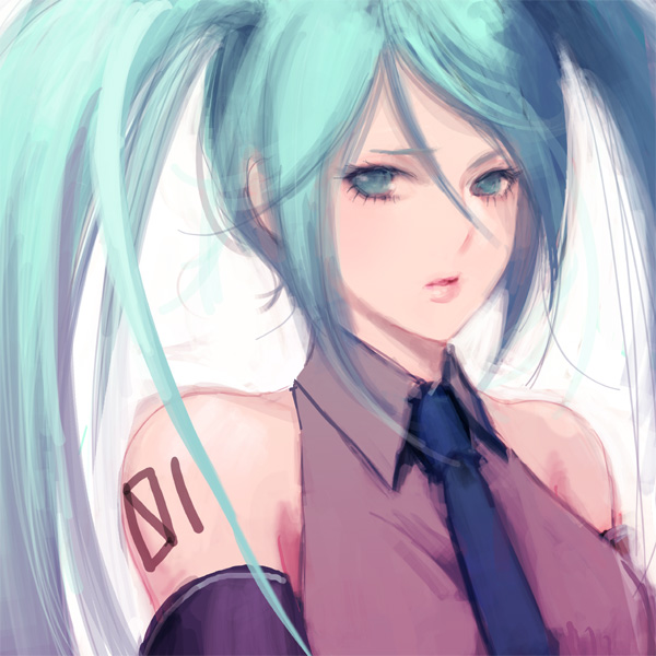 ueda toraji, hatsune miku, vocaloid, bad id, bad pixiv id, 1girl, bare shoulders, detached sleeves, female focus, green eyes, green hair, long hair, matching hair/eyes, necktie, portrait, solo, twintails, upper body
