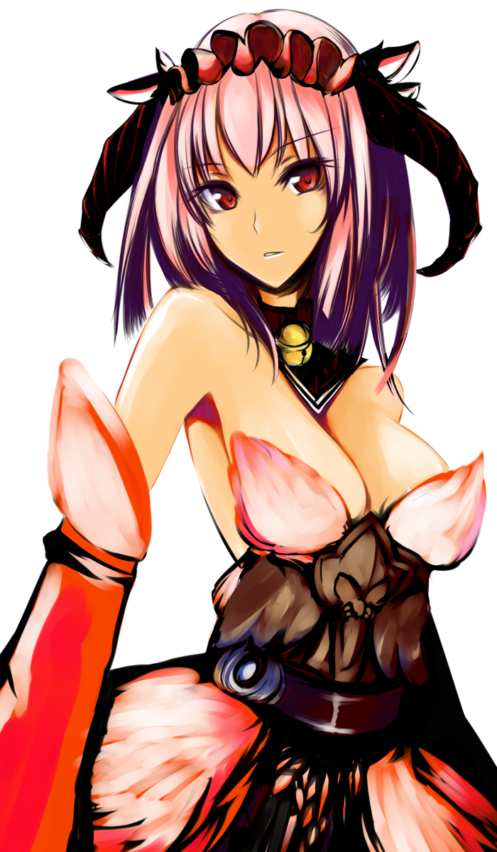 virus (obsession), fantasy earth zero, bad id, bad pixiv id, highres, 1girl, bell, breasts, cleavage, cowbell, female focus, horns, large breasts, pink hair, simple background, solo