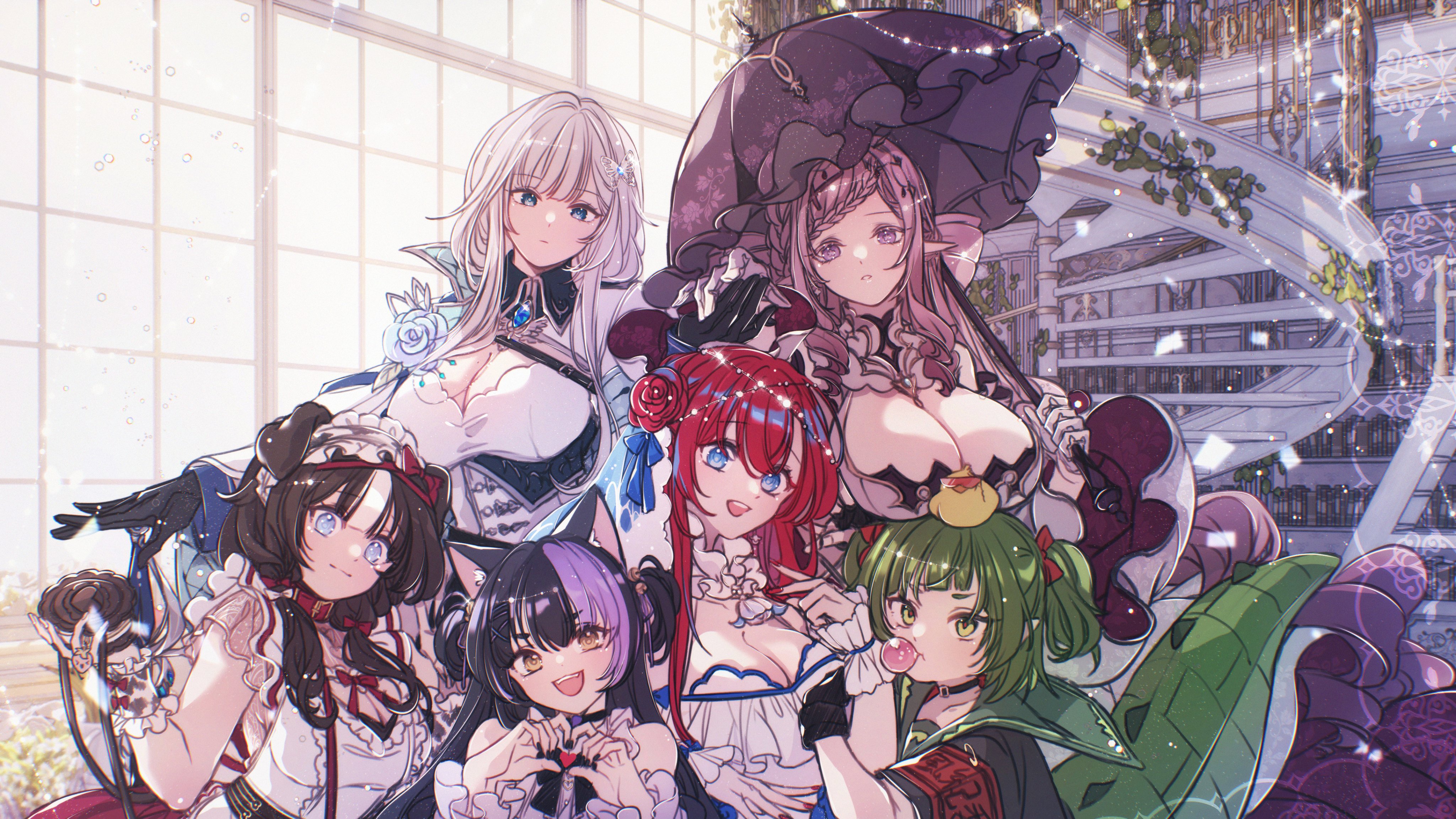 bibi biscuit, malice evermore, sinon sinfonia, wilhelmina frost, phase connect, absurdres, highres, 6+girls, animal, animal collar, animal ears, animal on head, anya nyabyss, bell, bird, black choker, black gloves, black hair, black nails, black umbrella, blue eyes, blue hair, bow, braid, breasts, butterfly hair ornament, cat ears, cat girl, choker, cleavage, closed mouth, collar, crocodile girl, crocodilian tail, dog ears, dog girl, drill hair, duck, flower, frilled hairband, frills, gloves, green eyes, green hair, grey hair, hair bell, hair bow, hair flower, hair ornament, hairband, heart, heart hands, holding, holding umbrella, large breasts, leash, long hair, multicolored hair, multiple girls, nitya nil, on head, open mouth, parasol, phase saga, pink hair, pointy ears, purple eyes, purple hair, red bow, red collar, red flower, red hair, red rose, rose, rosemi milktea, short hair, spiral staircase, stairs, streaked hair, tail, two-tone hair, umbrella, virtual youtuber, white bow, white flower, white gloves, white rose, yellow eyes