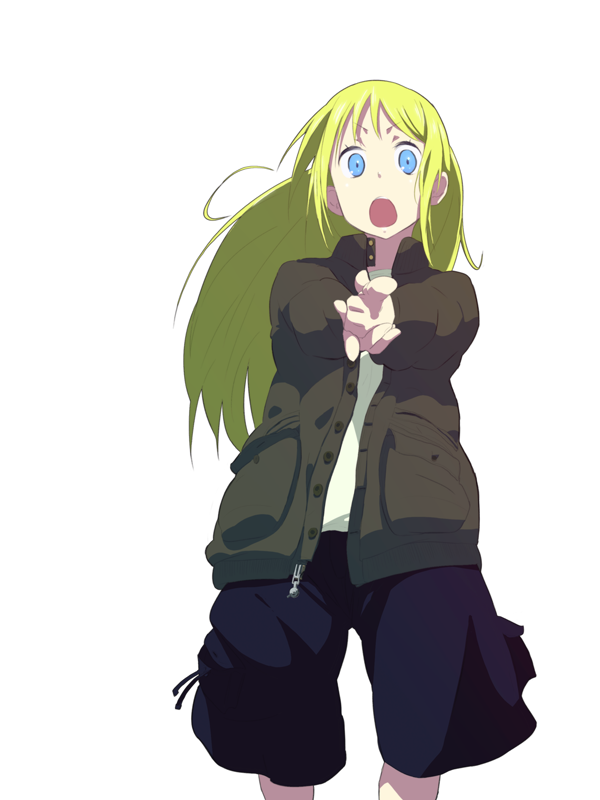 iku ki, ana coppola, ichigo mashimaro, :o, blonde hair, blue eyes, child, coat, finger gun, long hair, shorts, solo, surprised, unzipped