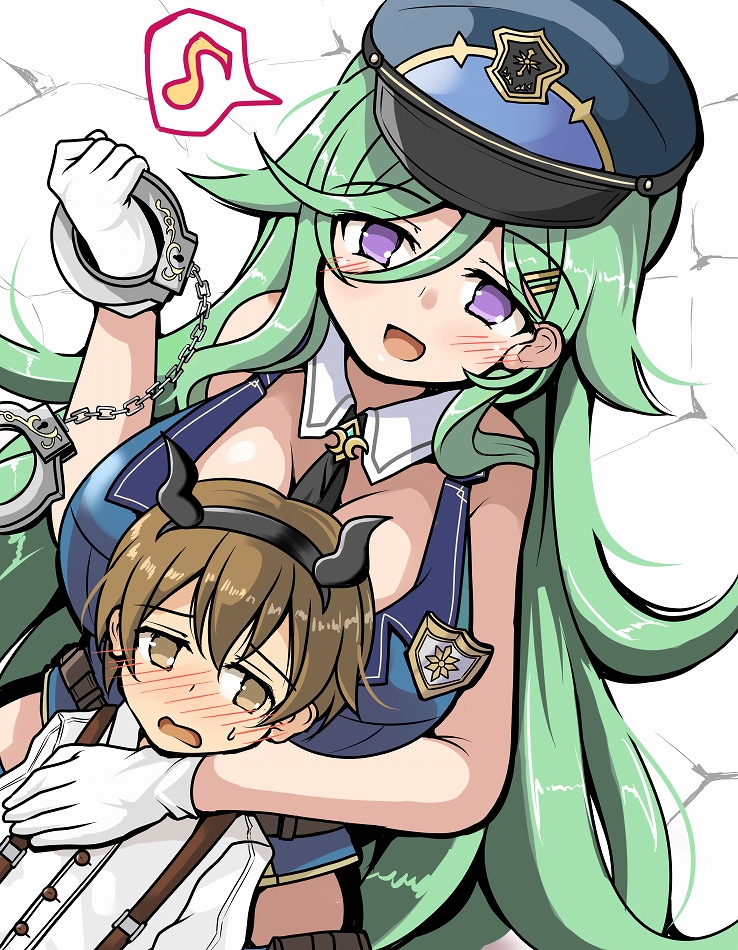 tsuzuri (tuzuri), girls creation, character request, 1boy, 1girl, aqua hair, badge, bare shoulders, blush, breasts, brown eyes, brown hair, cuffs, embarrassed, hair ornament, hairclip, handcuffs, hat, height difference, horns, large breasts, long hair, musical note, open mouth, peaked cap, purple eyes, smile, spoken musical note