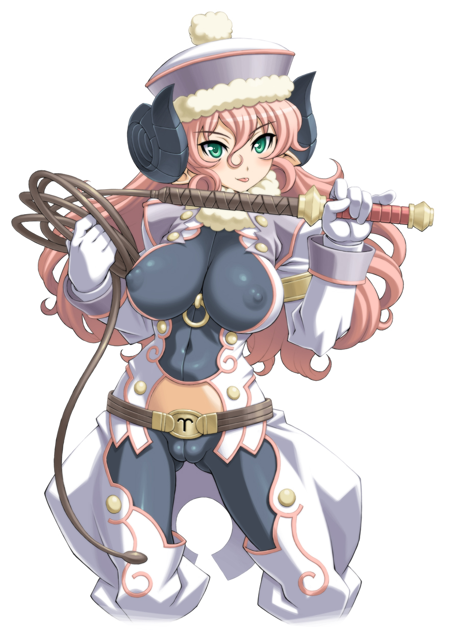 higuchi isami, aries mesarthim, merusatimu, original, shinrabanshou, fur, bad id, bad pixiv id, highres, 1girl, :p, aries (zodiac), belt, breasts, cameltoe, covered erect nipples, female focus, green eyes, hat, horns, impossible clothes, impossible shirt, large breasts, long hair, pink hair, shirt, skin tight, solo, tongue, tongue out, whip, zodiac