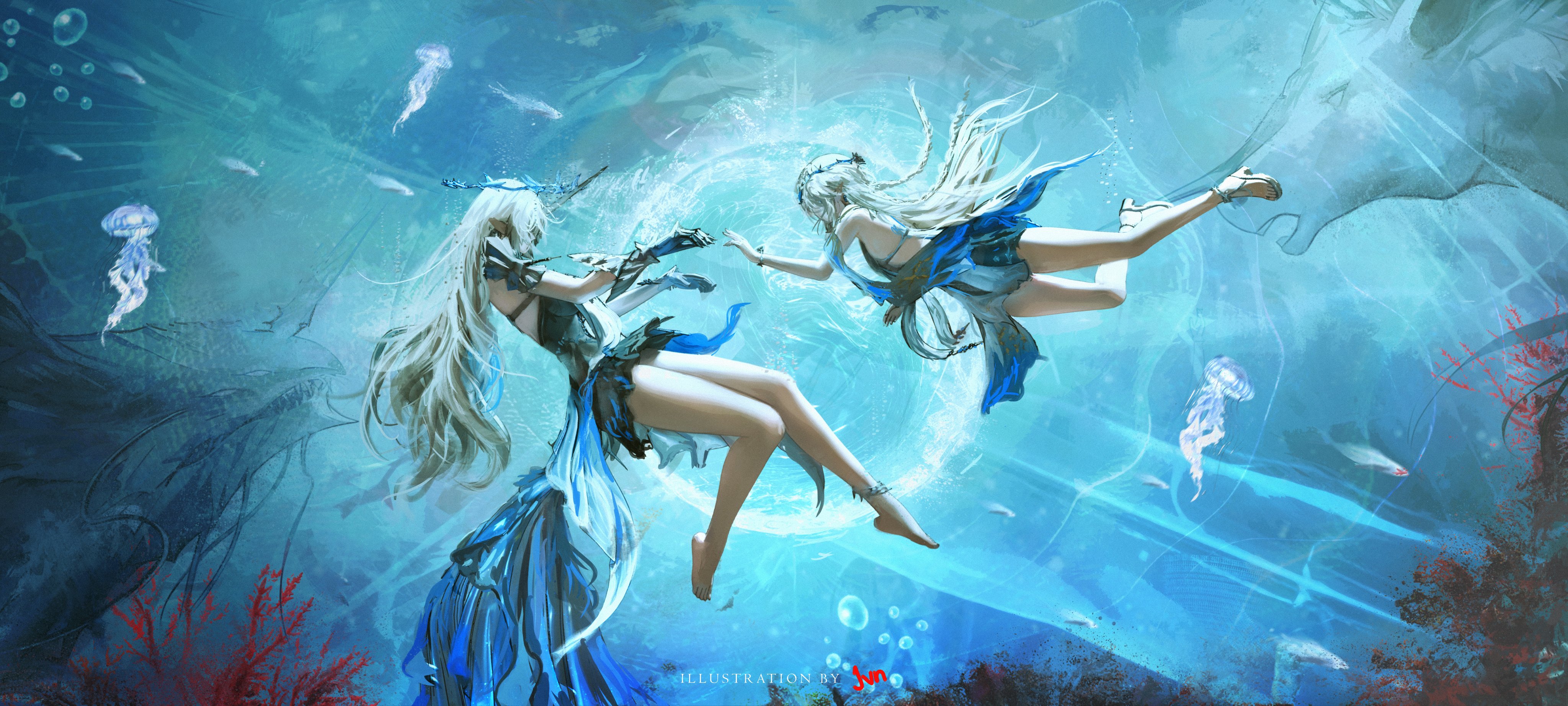 jvn, cartethyia (wuthering waves), fleurdelys (wuthering waves), imperator (wuthering waves), wuthering waves, absurdres, commentary, english commentary, highres, revision, second-party source, 2girls, artist name, bare legs, bare shoulders, barefoot, black dress, blonde hair, crown of thorns, dress, dual persona, from side, gauntlets, horns, jellyfish, legs, long hair, multiple girls, pointy ears, sandals, single horn, very long hair, wide shot