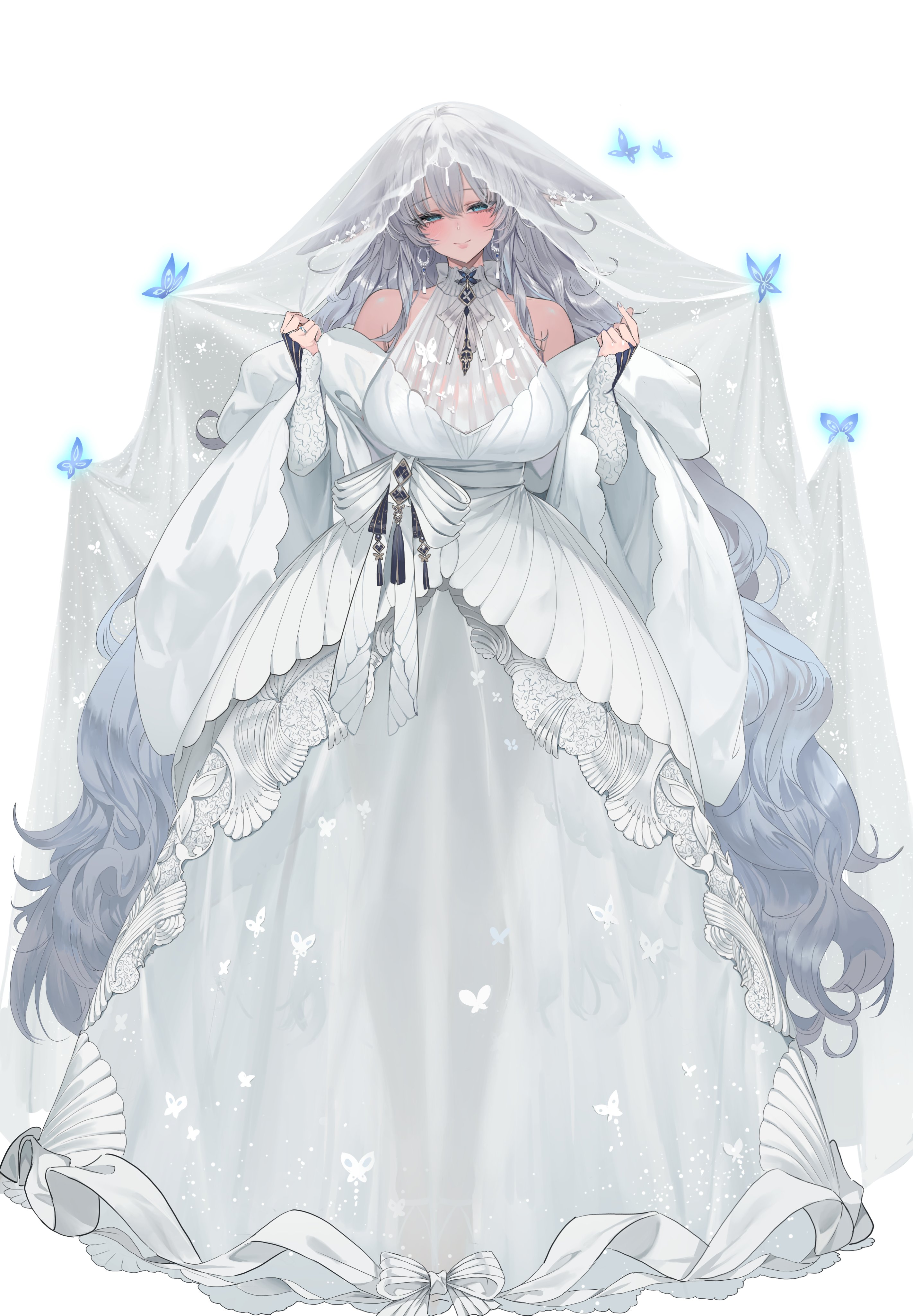 dishwasher1910, shinano (azur lane), azur lane, absurdres, commentary request, highres, 1girl, absurdly long hair, alternate costume, animal ears, artist name, bare shoulders, blue butterfly, blue eyes, bow, breasts, bridal veil, bride, bug, butterfly, choker, cleavage, closed mouth, dark-skinned female, dark skin, double-parted bangs, dress, empire waist, facing viewer, floppy ears, fox ears, fox girl, full body, garter straps, gown, grey hair, halter dress, halterneck, hands up, insect, large breasts, layered dress, long hair, long sleeves, long veil, looking at viewer, looking to the side, mandarin collar, no tail, parted lips, see-through clothes, see-through dress, see-through veil, shawl, simple background, smile, solo, standing, tan, translucent, veil, very long hair, w arms, waist bow, wedding dress, white background, white bow, white choker, white garter straps, white shawl
