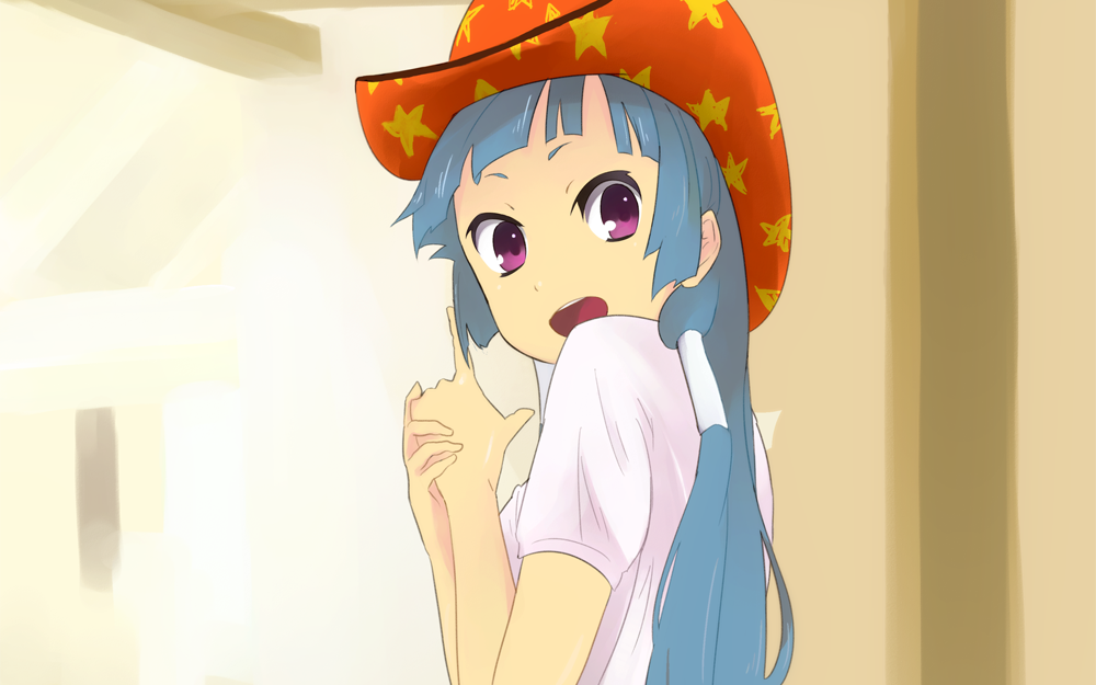 iku ki, nagi, kannagi, bad id, bad pixiv id, 00s, 1girl, :o, blue hair, blunt bangs, cowboy hat, cowboy western, female focus, finger gun, hair tubes, hat, long hair, looking back, purple eyes, shirt, solo, surprised
