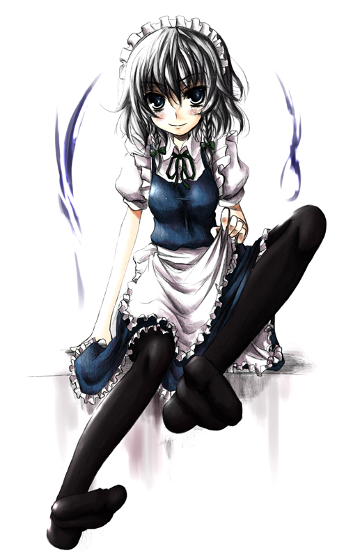 kurona, izayoi sakuya, touhou, silver hair, 1girl, blue eyes, clothes lift, feet, female focus, full body, maid, pantyhose, short hair, skirt, skirt lift, solo, white background