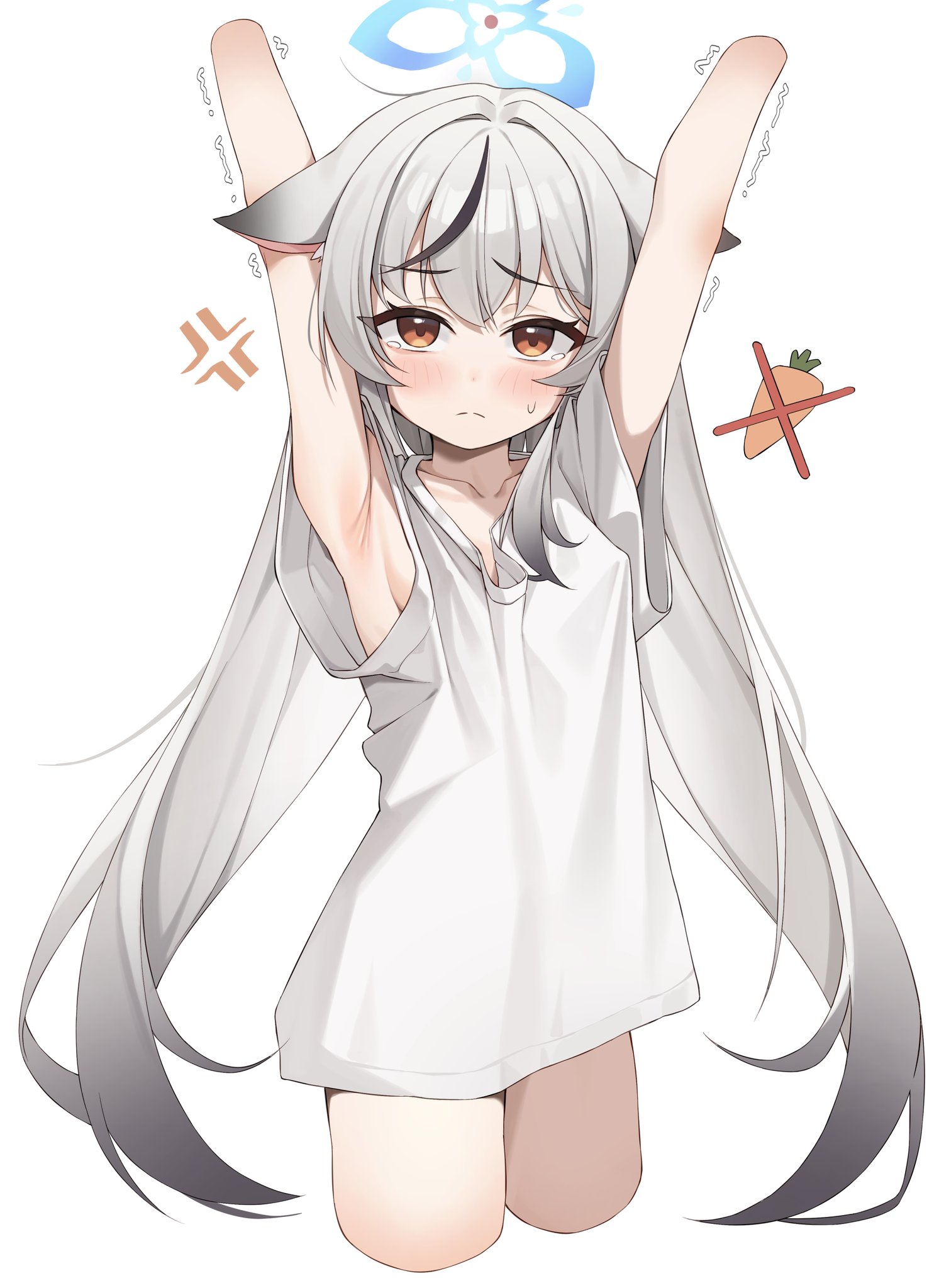 um 111, kokona (blue archive), blue archive, highres, 1girl, anger vein, animal ears, armpit crease, armpits, arms up, blue halo, bottomless, breast cutout, breasts, brown eyes, closed mouth, collarbone, cowboy shot, crying, crying with eyes open, dot nose, embarrassed, grey hair, hair between eyes, hair intakes, halo, legs, loli, long hair, looking at viewer, multicolored hair, shirt, short sleeves, sideboob, simple background, small breasts, solo, split mouth, streaked hair, sweatdrop, tears, thighs, very long hair, white background, white shirt