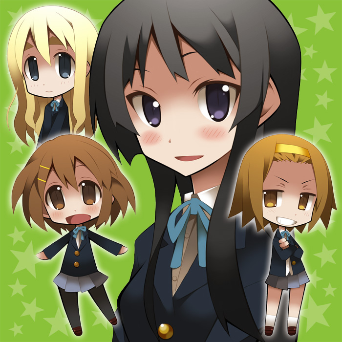watabow, akiyama mio, hirasawa yui, kotobuki tsumugi, tainaka ritsu, k-on!, 00s, 4girls, black eyes, black hair, blazer, blonde hair, blunt bangs, brown eyes, brown hair, chibi, hair ornament, hairband, hairclip, headband, hime cut, ho-kago tea time, jacket, long hair, miniskirt, multiple girls, open mouth, pantyhose, pleated skirt, ribbon, school uniform, sidelocks, skirt, smile